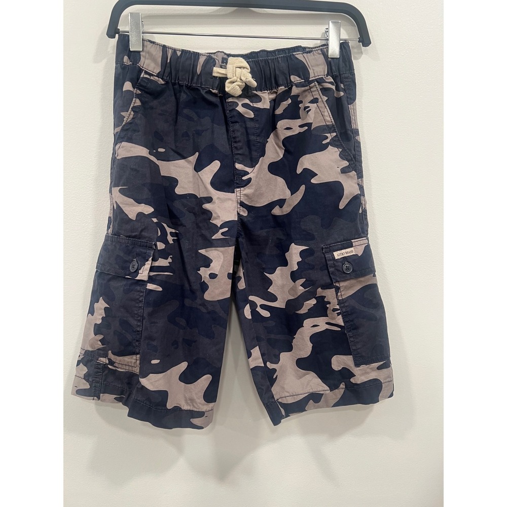 Lucky Brand Cargo Shorts Boys Large Blue Grey Camo Drawstring 100% Cotton